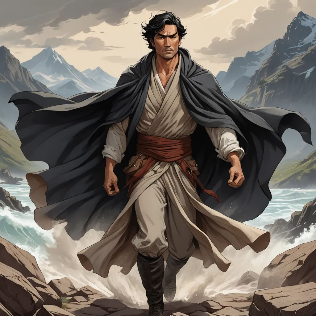 a man in a cape and caped outfit walking on rocks near a mountain range with a river and mountains in the background, fantasy art, a comic book panel, Dirk Crabeth, epic fantasy character art