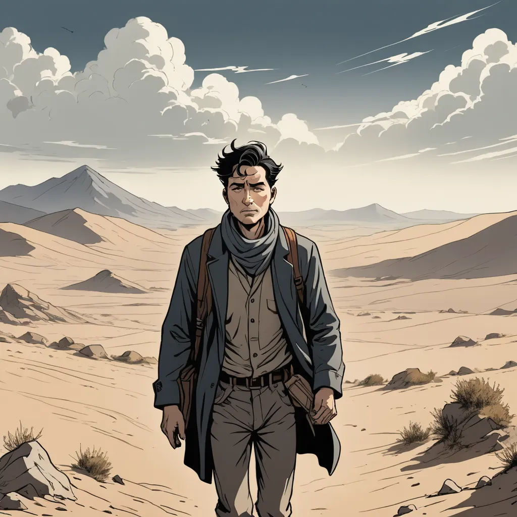 a man walking through a desert with a backpack on his back and a backpack on his shoulder, with a mountain in the background, process art, a comic book panel, Asaf Hanuka, western comic book art