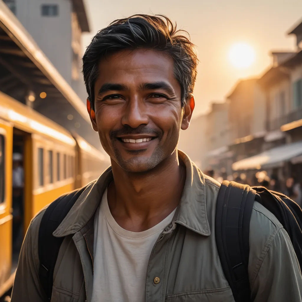 a man standing in front of a train at sunset or dawn with a smile on his face and a backpack on his shoulder, sumatraism, a stock photo, Bikash Bhattacharjee, defined facial features