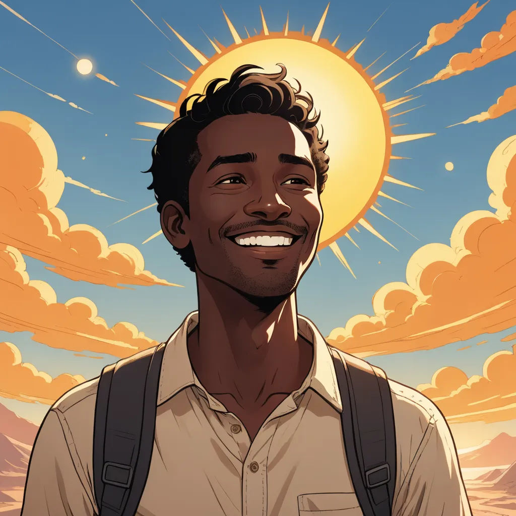 a man with a backpack smiles at the camera in front of a sunset and clouds with a sun above him, harlem renaissance, poster art, Felix-Kelly, comic cover art