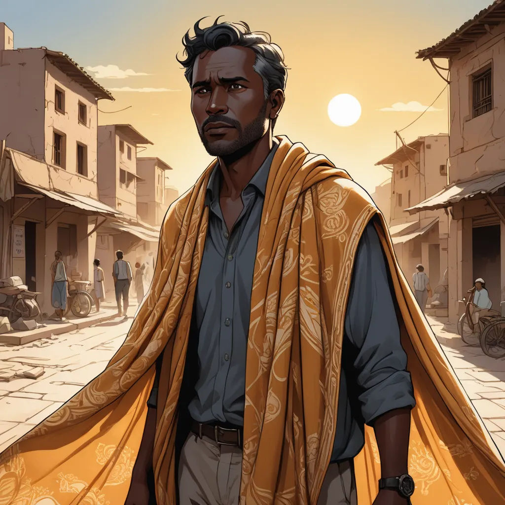 a man with a scarf on his head and a scarf around his neck standing in a street with a man in the background, hurufiyya, a character portrait, Asaf Hanuka, comic cover art