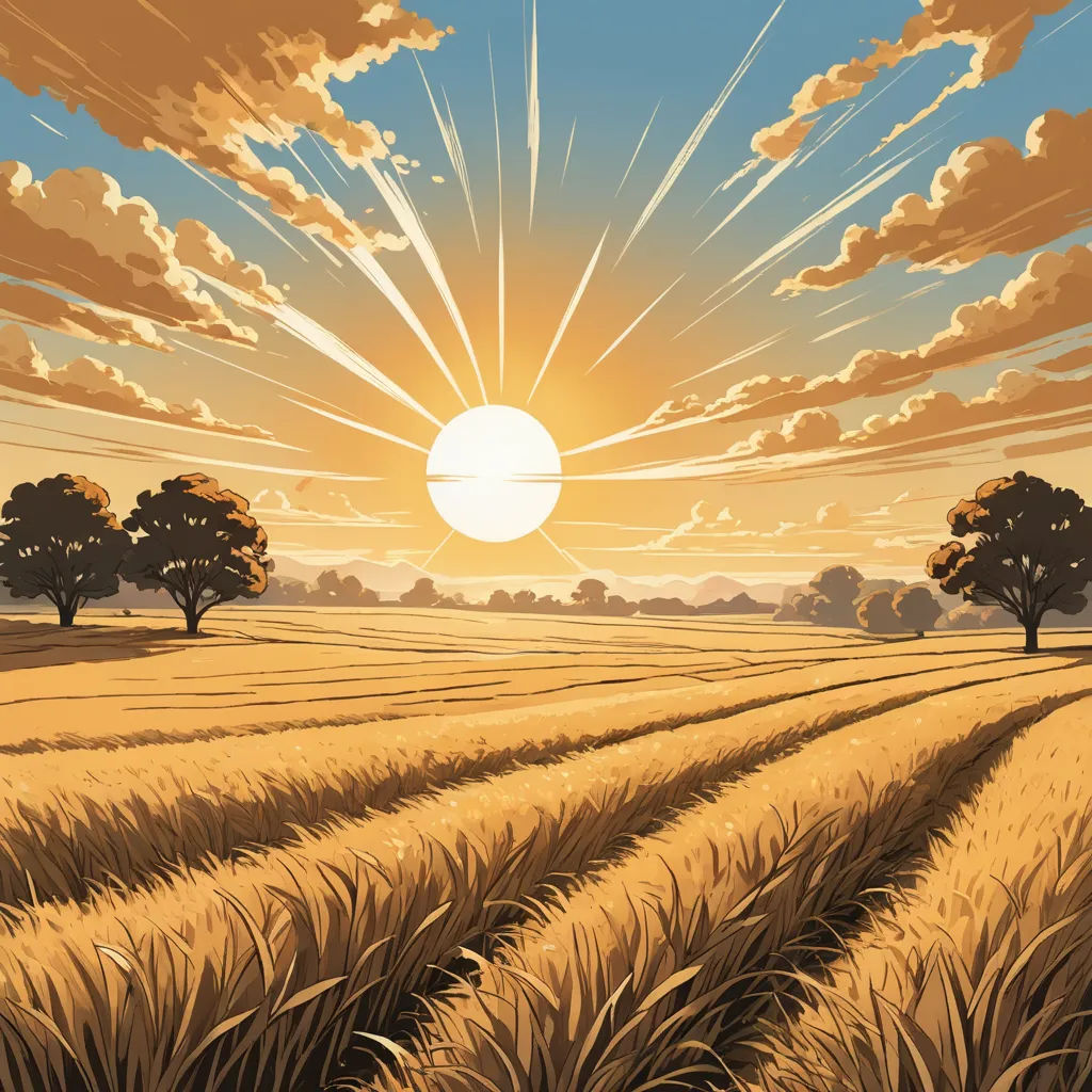a painting of a sunset over a wheat field with trees and a field of crops in the foreground, precisionism, a comic book panel, Dan Mumford, sun
