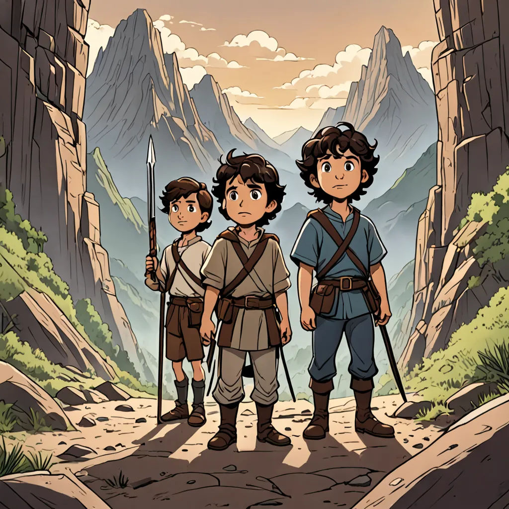 three people standing in front of a mountain with a sky background and mountains in the background, with a sky and clouds in the background, sots art, concept art, Diego Gisbert Llorens, official art