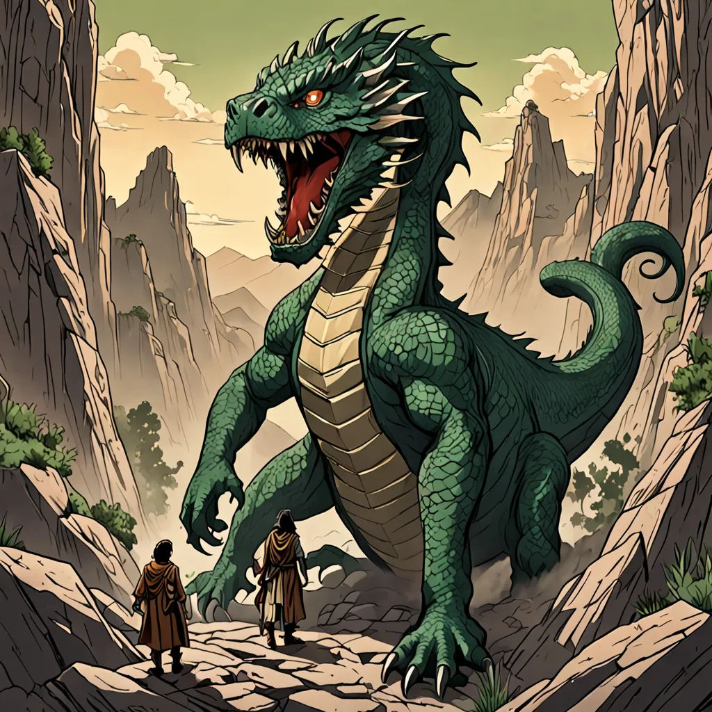a green dragon with a man standing next to it on a mountain side with a sky background and a mountain range in the background, fantasy art, a storybook illustration, Diego Gisbert Llorens, dragon art