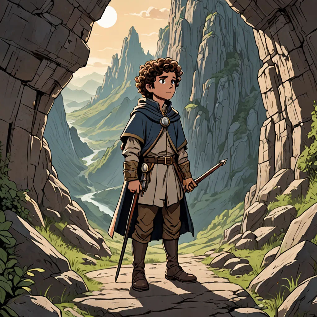 a man in a medieval outfit standing in a cave with a sword and a sword in his hand and a mountain in the background, fantasy art, a character portrait, Cliff Childs, official art