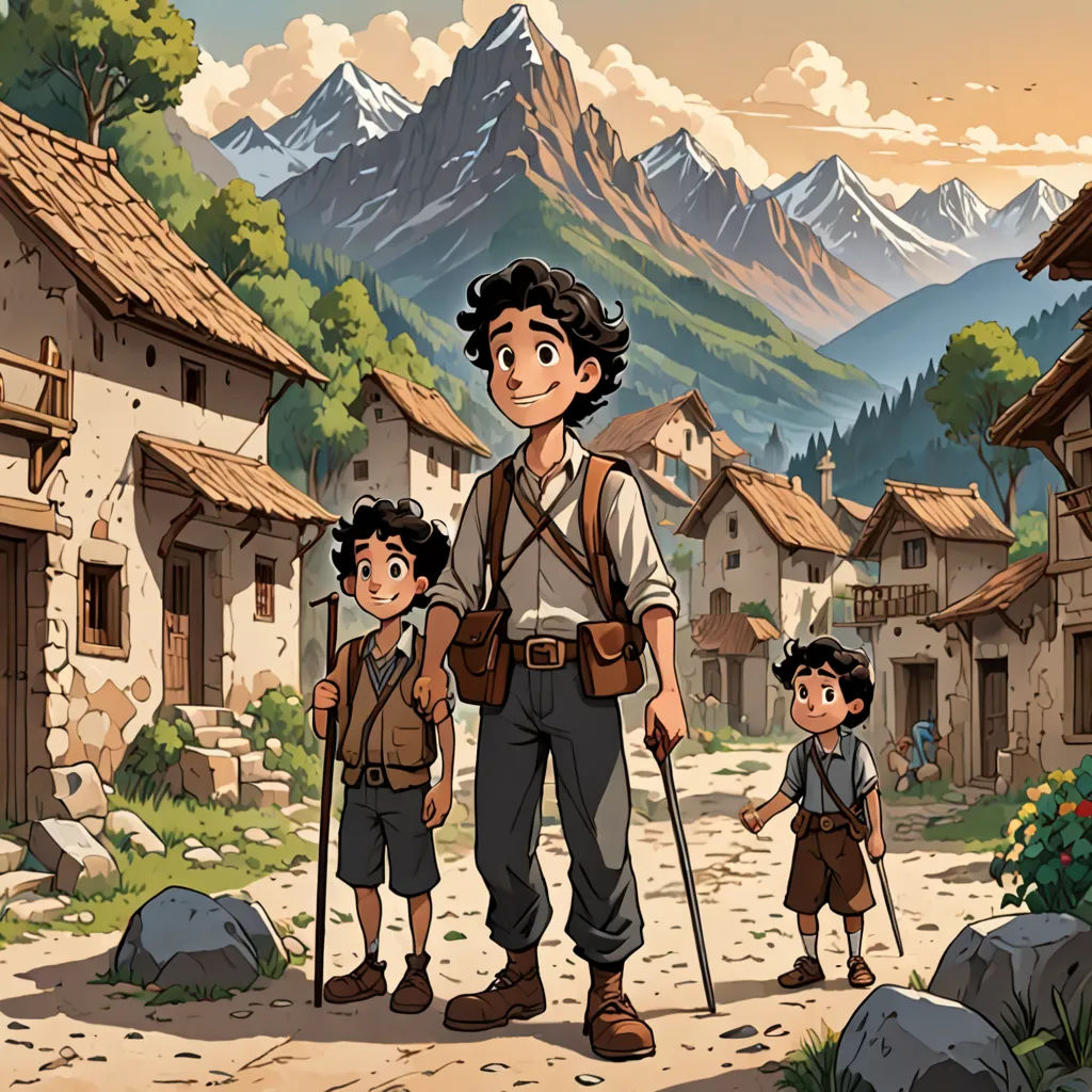 a man and two children standing in front of a village with mountains in the background and a mountain range in the background, fantasy art, a storybook illustration, Diego Gisbert Llorens, official art