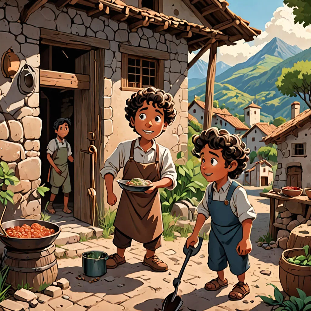 a couple of kids standing in front of a house with a pot of food on the ground and a shovel, les automatistes, a storybook illustration, Brothers Hildebrandt, storybook illustration