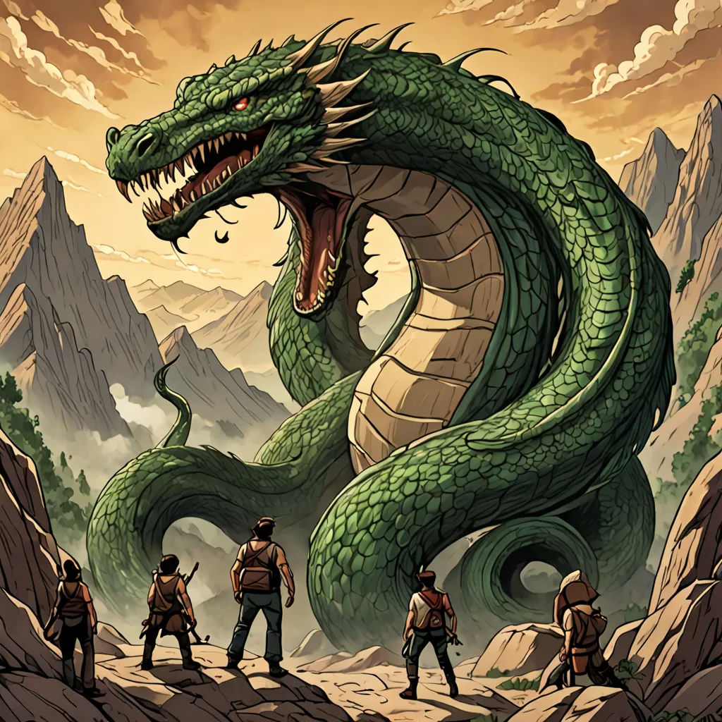 a group of people standing next to a green dragon on a mountain top with mountains in the background and a sky with clouds, fantasy art, a storybook illustration, Dan Mumford, dragon art