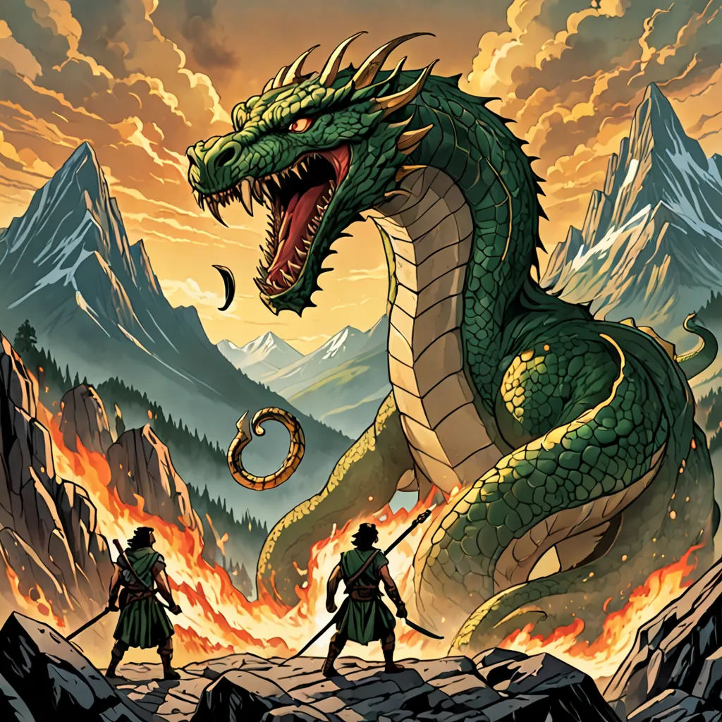 a dragon with a sword and a man standing next to it on a mountain top with a fire in the background, fantasy art, a comic book panel, Dan Mumford, dragon art