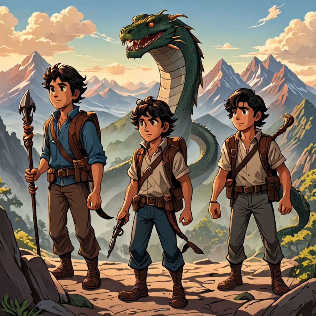 three young men with a snake on their back and a mountain in the background, with a snake on their back, sots art, concept art, Brothers Hildebrandt, official art