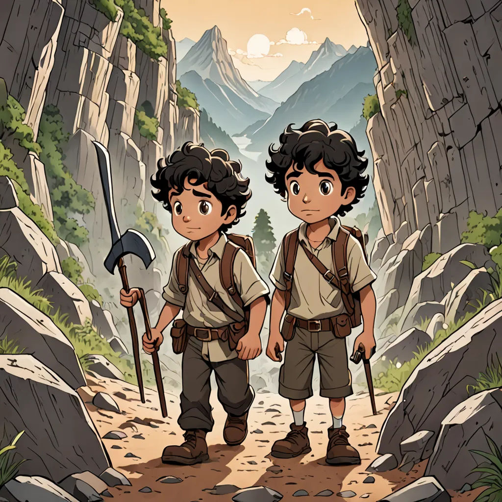 two boys with backpacks and walking sticks in a mountain landscape with rocks and boulders, with a mountain range in the background, les nabis, concept art, Brothers Hildebrandt, official art