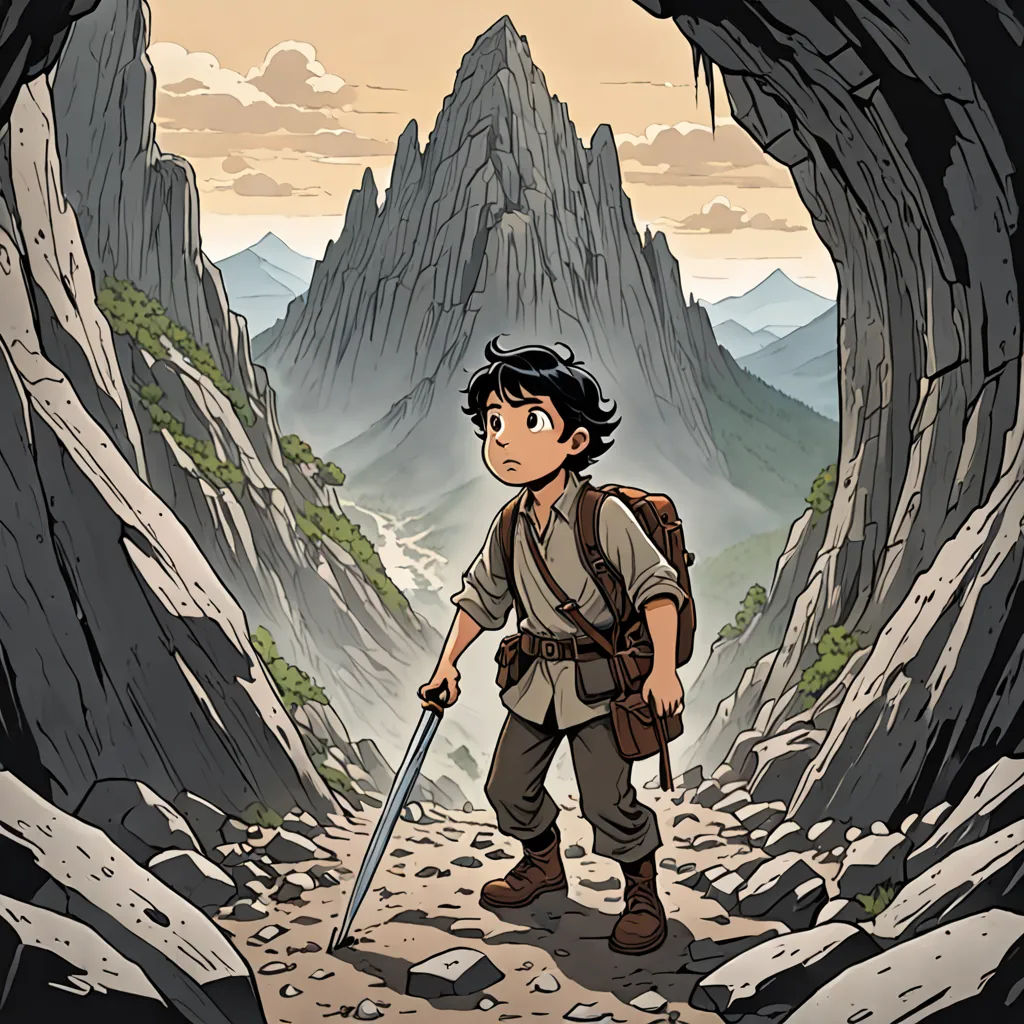 a boy with a sword in a cave with mountains in the background and a sky in the background,, serial art, a character portrait, Diego Gisbert Llorens, comic cover art