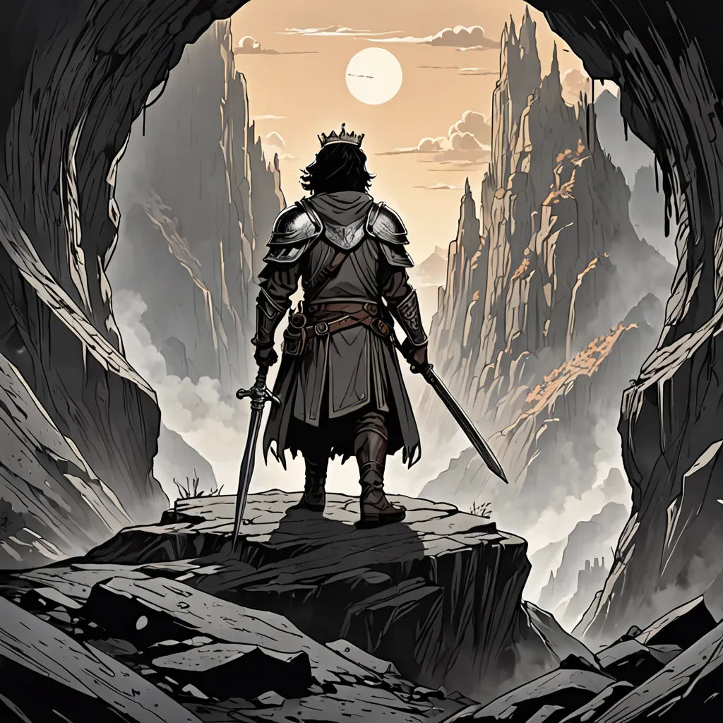 a man in a suit of armor standing in a cave with a sword in his hand and a full moon in the background, fantasy art, poster art, Diego Gisbert Llorens, dark souls