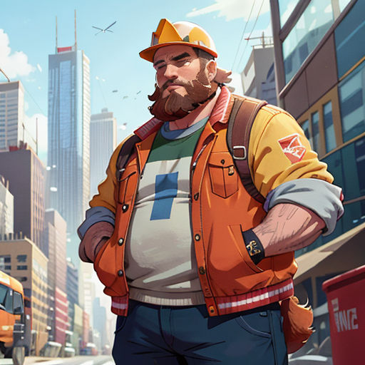 a man in a construction outfit standing in the middle of a city street with a traffic light in the background