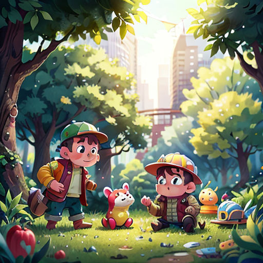 a couple of kids standing in a forest next to a forest filled with animals and plants, with a city in the background