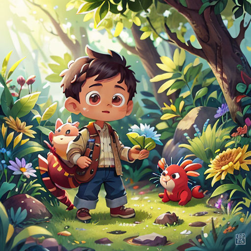 a boy with a backpack and a squirrel in a forest with flowers and trees, and a bear in the foreground