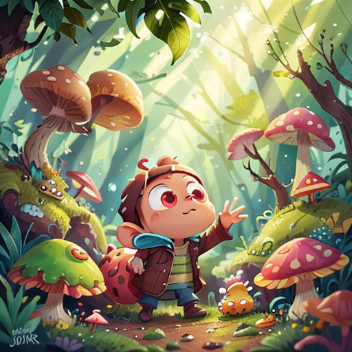 a cartoon character standing in a forest with mushrooms and mushrooms on the ground, with a light shining through the trees