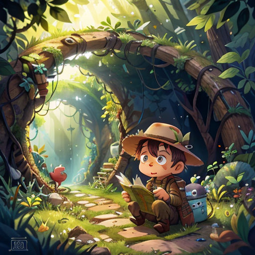 a boy sitting on a path in the middle of a forest reading a book with a light coming through the trees