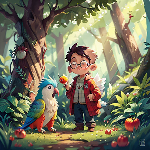 a boy and a parrot in a forest with trees and plants and a bird on the ground, with a bird on the ground