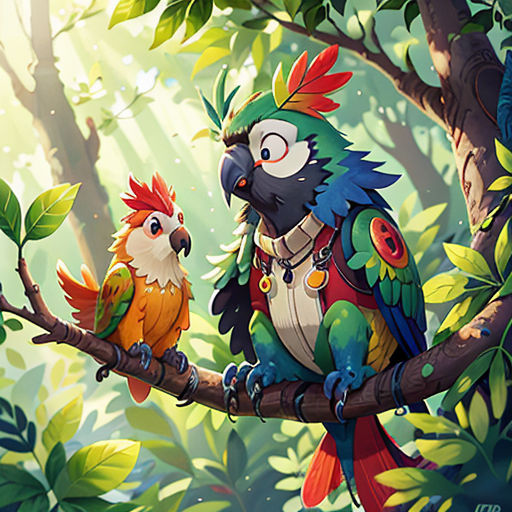 two colorful birds sitting on a tree branch in a forest with leaves and sunlight shining through the trees behind them