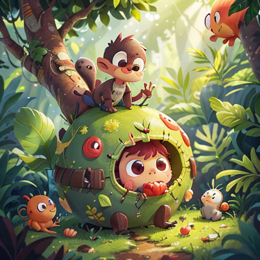 a cartoon character is in a forest with other animals and plants, and a green ball with a little boy inside