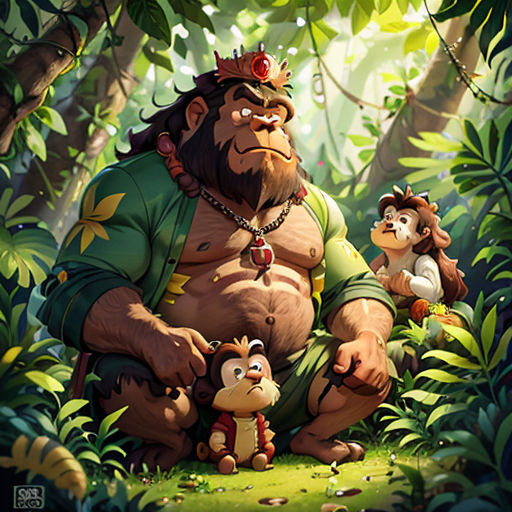 a cartoon of a man and two monkeys in the jungle with a monkey on his lap and a monkey on his lap