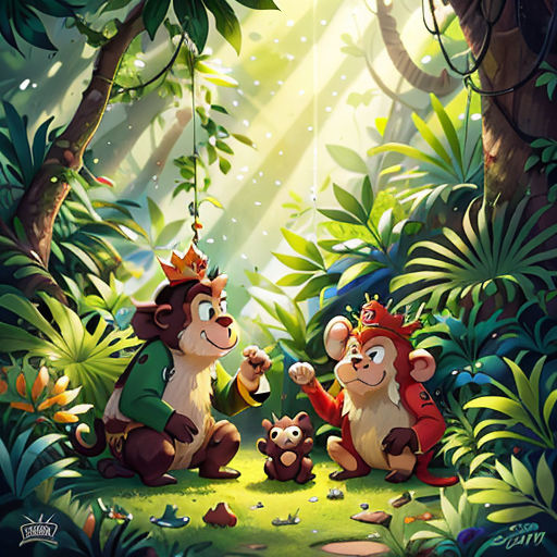 a painting of two monkeys in the jungle with a baby monkey on a swinger in front of them