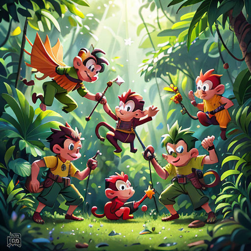 a group of cartoon monkeys in the jungle with a man holding a stick and a woman holding a flower