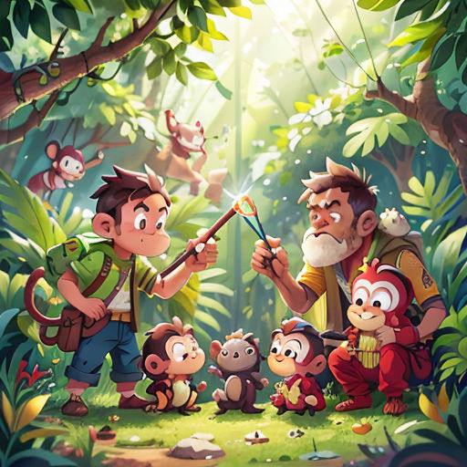 a man holding a stick in front of a group of monkeys in a forest with a monkey on his shoulder