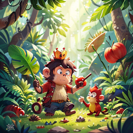 a cartoon monkey with a crown and a monkey holding a knife in a forest with other animals and plants
