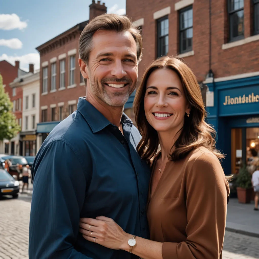 a man and woman are standing together in front of a building on a street corner with cars parked on the side of the street, private press, a stock photo, Dan Scott, promotional image