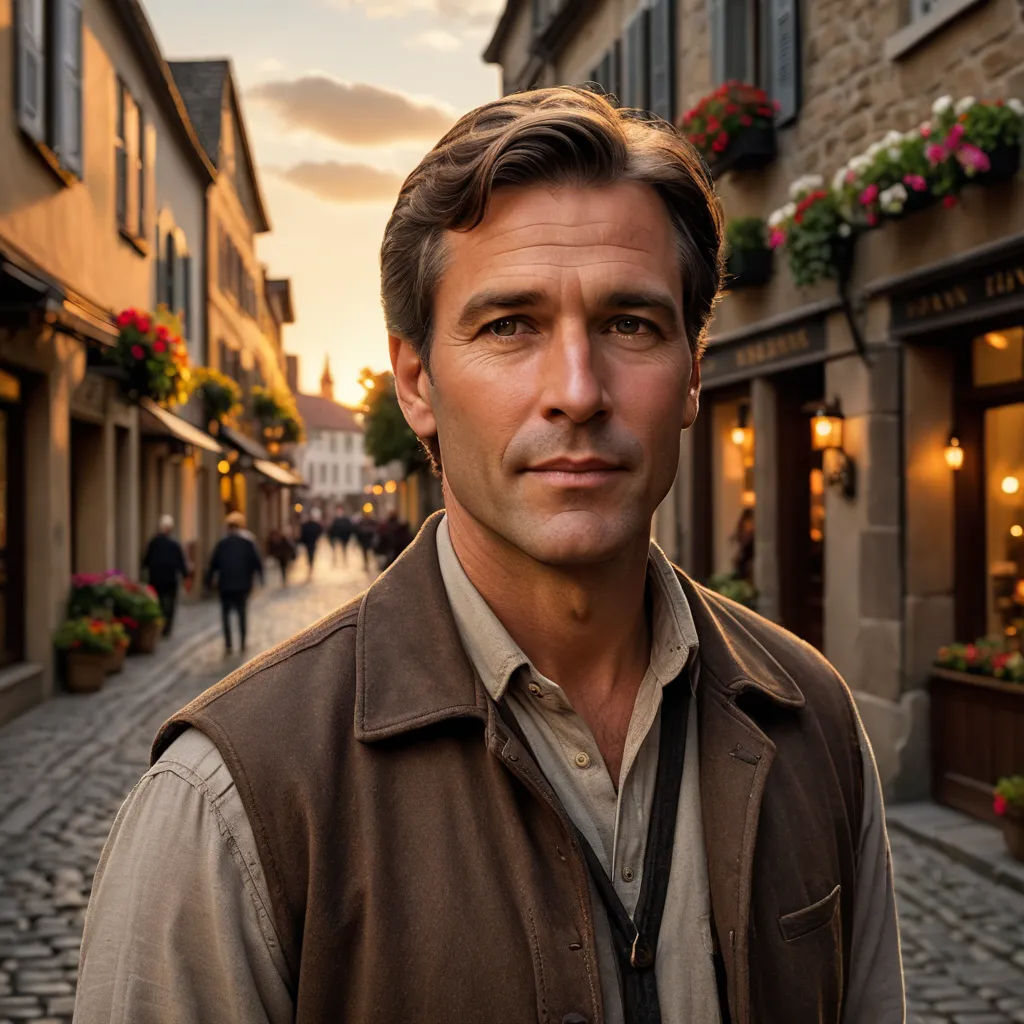 a man standing in a street with a building in the background and a street light in the foreground, arts and crafts movement, a character portrait, David Garner, promotional image