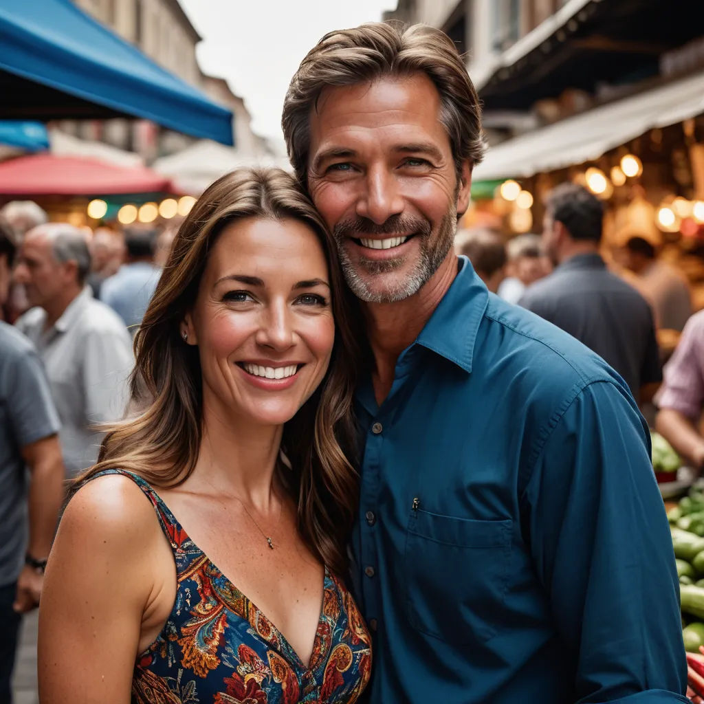 a man and woman standing next to each other in a market place with a lot of people around them, les nabis, a stock photo, Dan Scott, promotional image