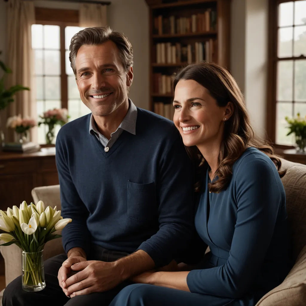 a man and woman sitting on a couch smiling at the camera, with a vase of flowers in front of them, arts and crafts movement, a stock photo, Christian Hilfgott Brand, promotional image