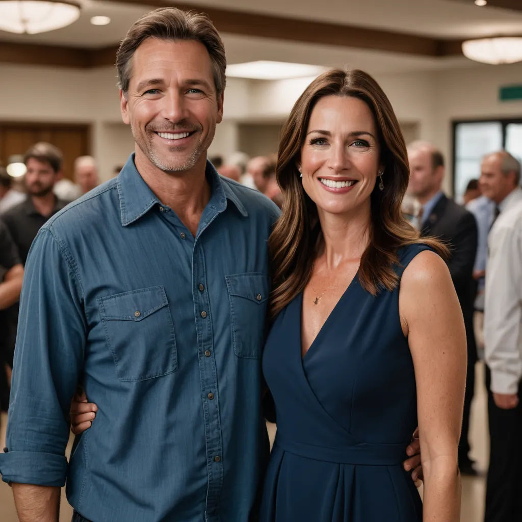 a man and a woman standing next to each other in a room full of people and smiling for the camera, private press, a stock photo, Dan Scott, promotional image