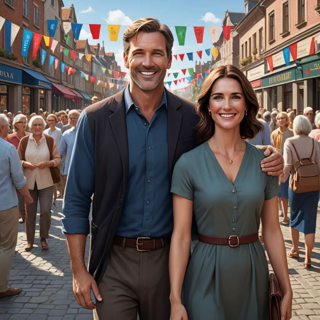 a man and woman standing in front of a crowd of people on a street with bunting and flags, arts and crafts movement, a stock photo, Christian Hilfgott Brand, promotional image