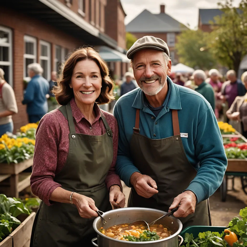 a man and woman are smiling while cooking in a garden center with a pot of food in front of them, arts and crafts movement, a stock photo, Bourgeois, professional food photography