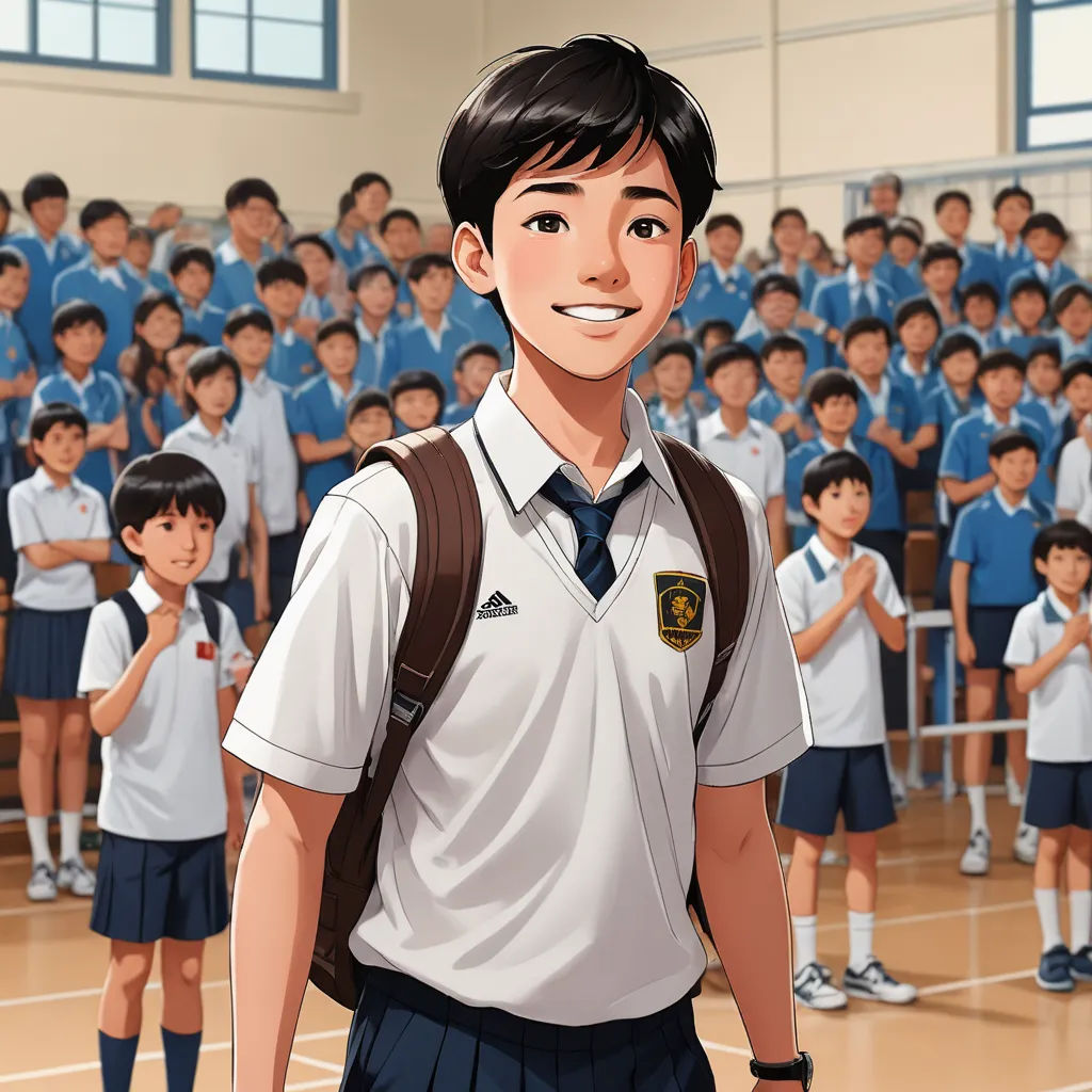 a cartoon of a boy in a school uniform with a group of children behind him in the background,, sots art, a character portrait, David Park, official art