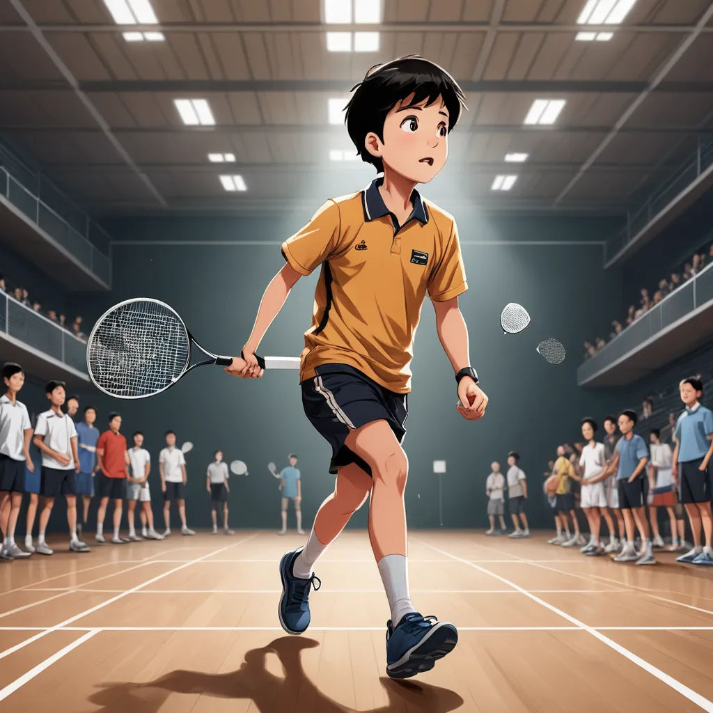 a boy is playing tennis in a large room with people watching him and a ball is in the air, net art, a comic book panel, Arthur Pan, anime key visual