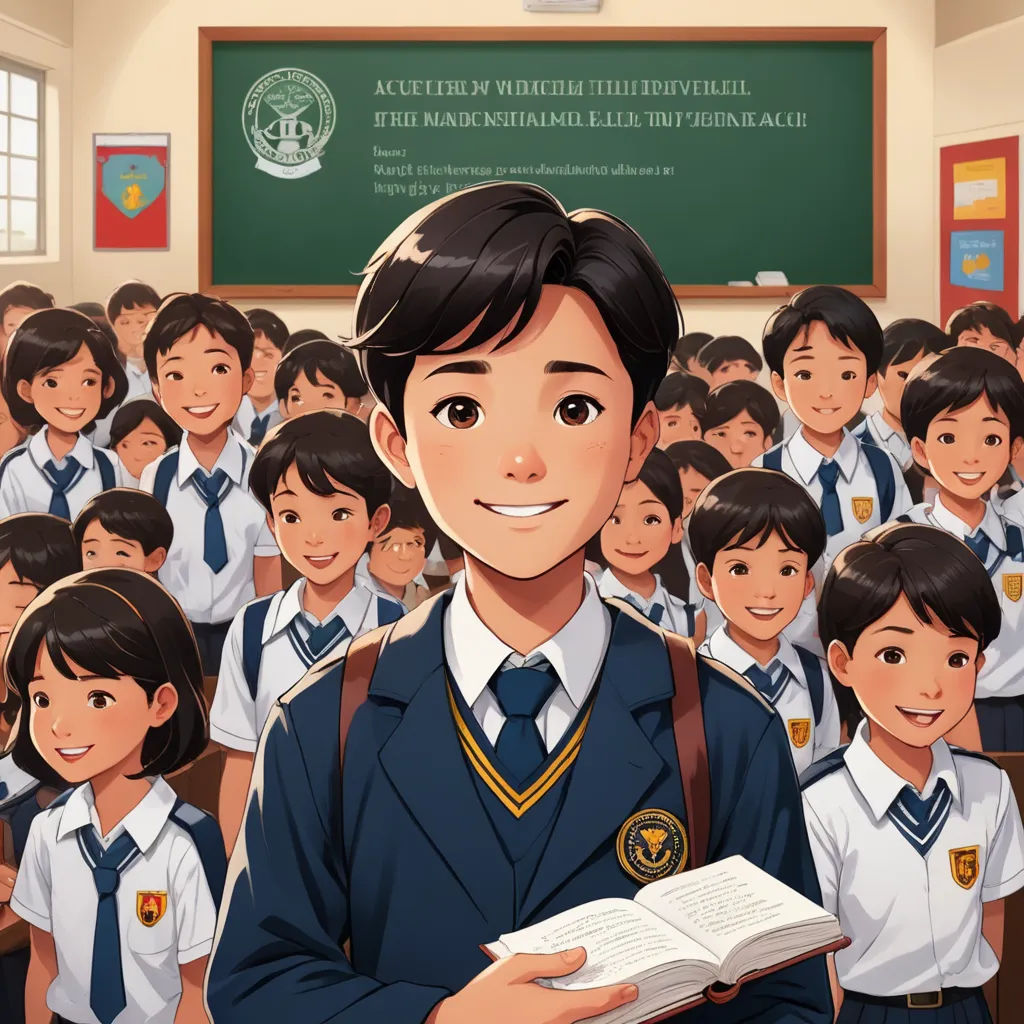 a boy in a school uniform is holding a book in front of a classroom full of children in uniform, vancouver school, a comic book panel, Fernando Amorsolo, official art