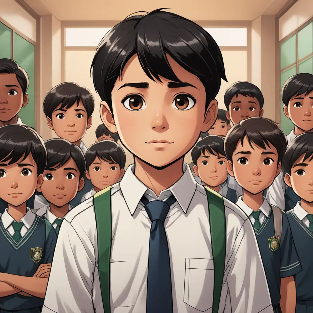 a boy in a school uniform standing in front of a group of school children in uniform, with a serious look on his face, serial art, a manga drawing, Adam Manyoki, official art