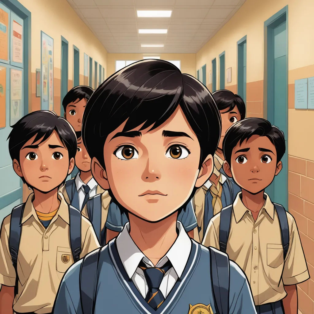 a cartoon of a school boy in a hallway with other school children in the background looking at the camera, serial art, a comic book panel, Adam Manyoki, comic cover art