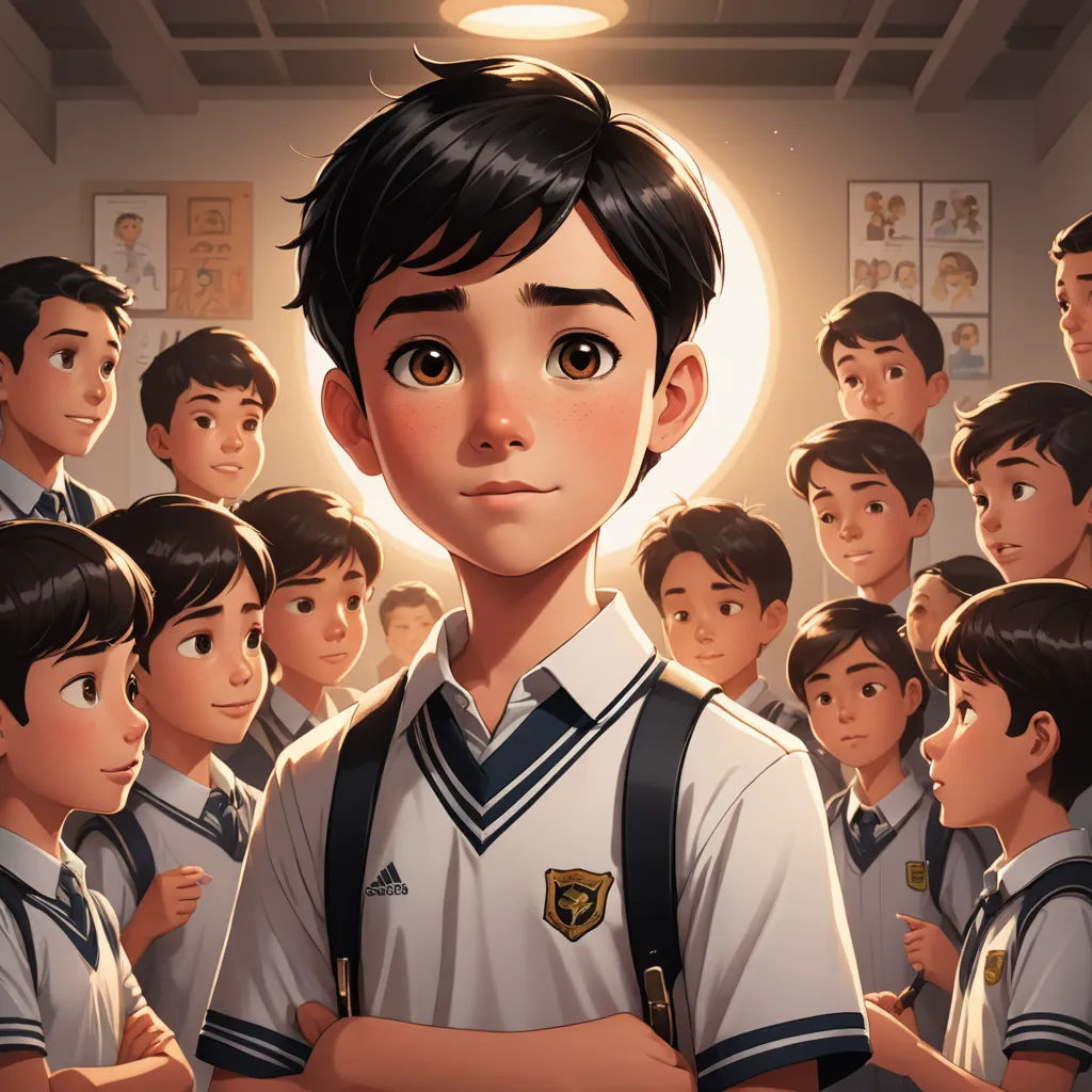 a boy in a school uniform standing in front of a group of boys in uniform, with a halo above his head, vancouver school, a comic book panel, Arthur Pan, rossdraws global illumination