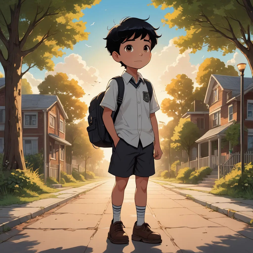 a boy with a backpack standing on a street in front of a row of houses and trees with a sky background, american scene painting, a character portrait, Cliff Childs, official art