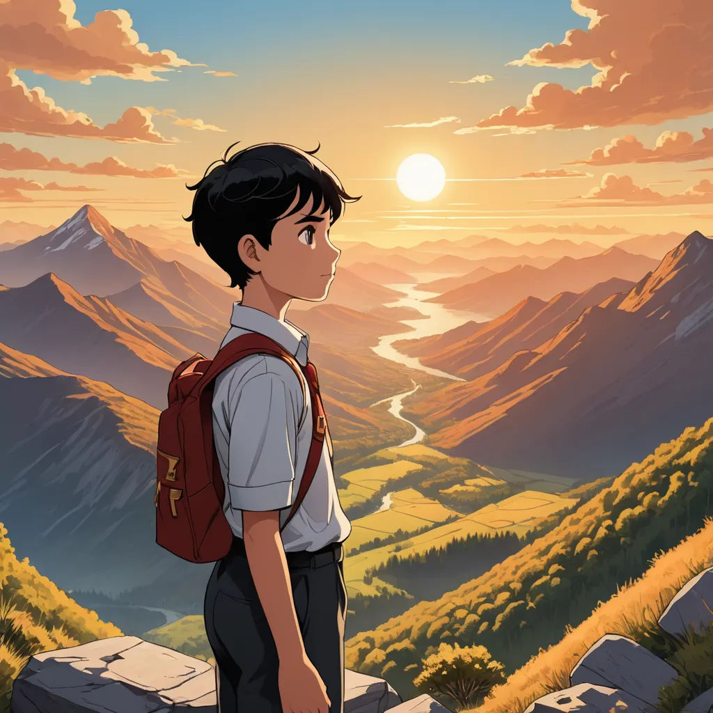 a boy with a backpack looking at the mountains and a river in the distance with the sun setting behind him, sots art, a detailed matte painting, Atey Ghailan, anime key visual
