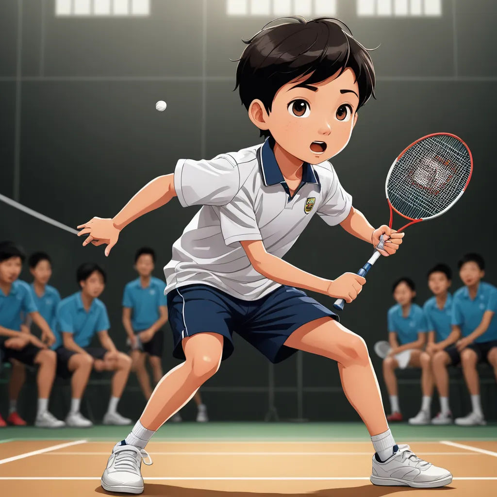 a boy playing tennis in front of a crowd of people in blue shirts and shorts, holding a racket, lyco art, an ultrafine detailed painting, Arthur Pan, official art