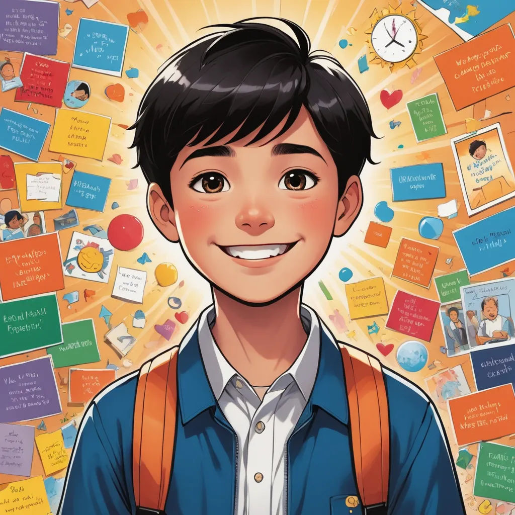 a boy with a backpack and a clock in the background with post it notes all over him and a clock in the middle, private press, a character portrait, David Park, graphic novel
