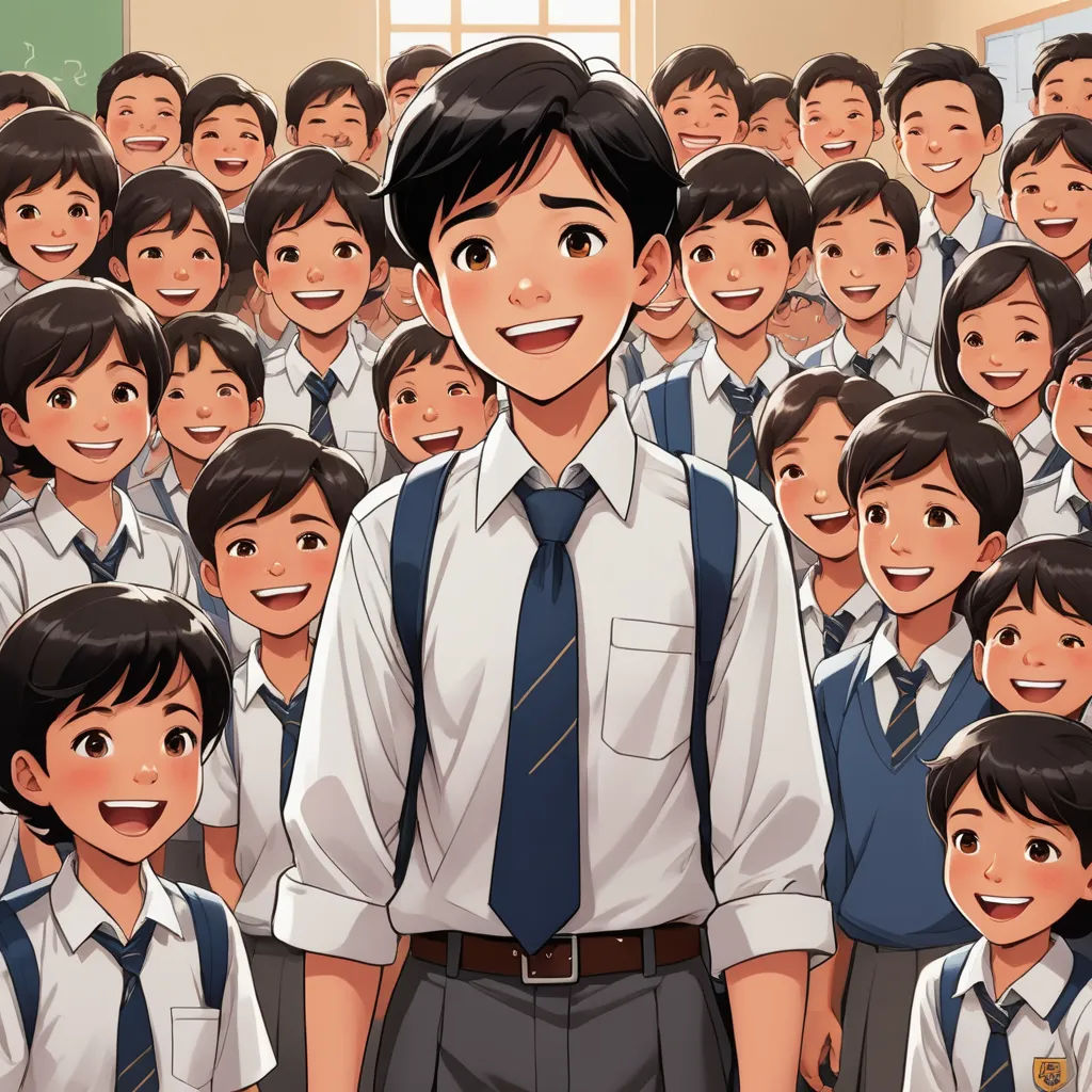 a boy in a school uniform standing in front of a group of school children in uniform, with a teacher in the background, vancouver school, a storybook illustration, Adam Manyoki, official art