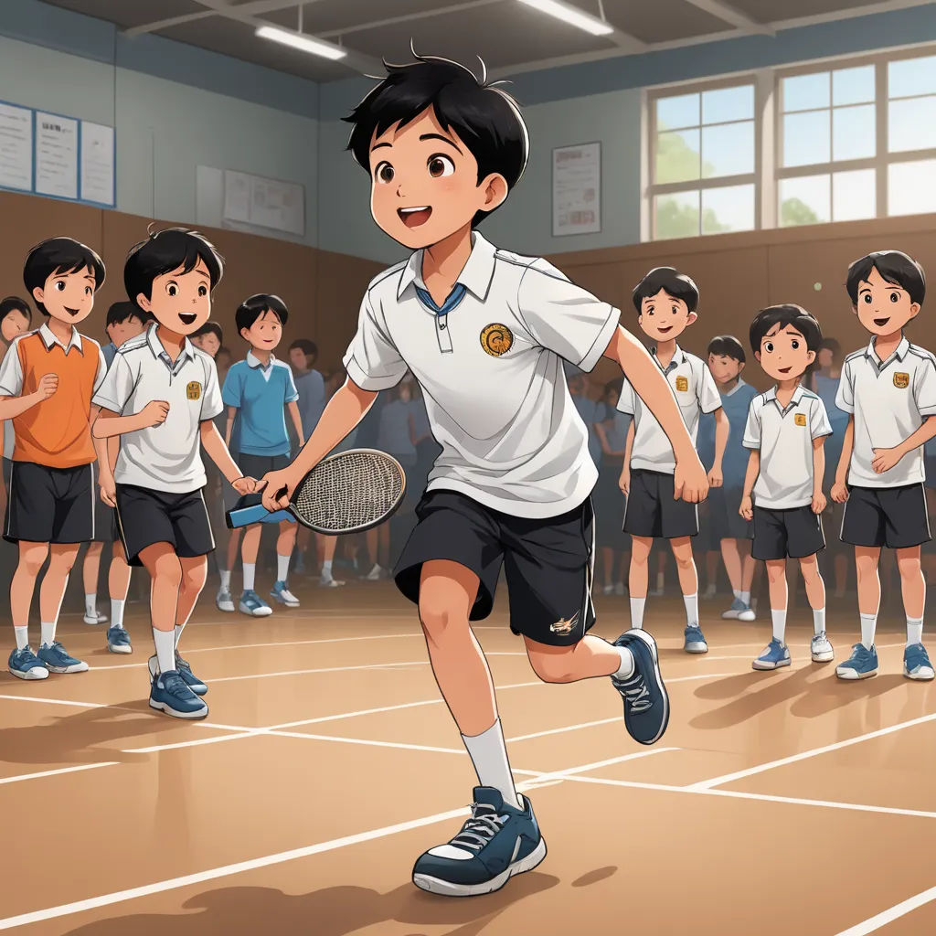 a boy playing tennis in front of a group of children in a gym room with a racket in his hand, sots art, concept art, Basuki Abdullah, official art