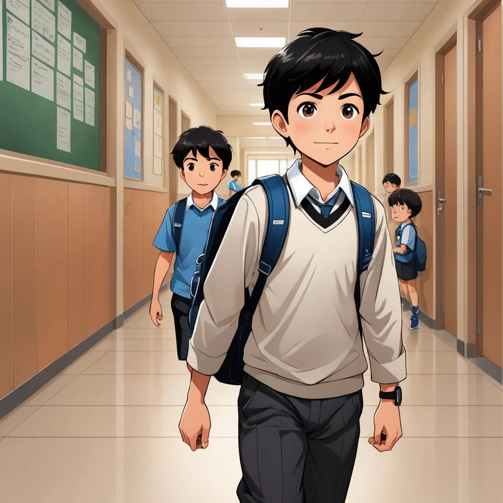 a boy with a backpack walking down a hallway with another boy in the background wearing a backpack and a backpack, paris school, a character portrait, Adam Manyoki, official art